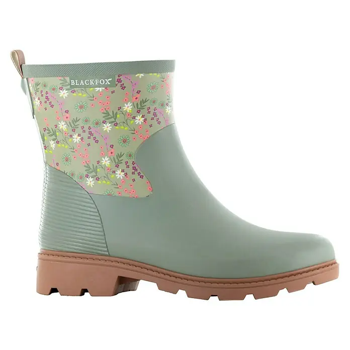 Black Fox Stiefelette Adelia - Schuhgröße: 37, Grün - Stiefelette von BLACKFOX in sanftem Grün mit Blumendekor und brauner Sohle. Ideal für stilvolle Regentage und Gartenarbeit.
