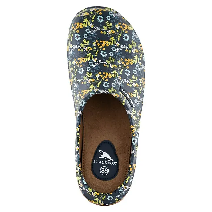 Black Fox Gartenclogs Adelia - Schuhgröße: 42 - Draufsicht auf einen floral gemusterten Blackfox Clog, ideal für Gartenarbeit oder den täglichen Gebrauch. Bequemes Fußbett und robuste Sohle.