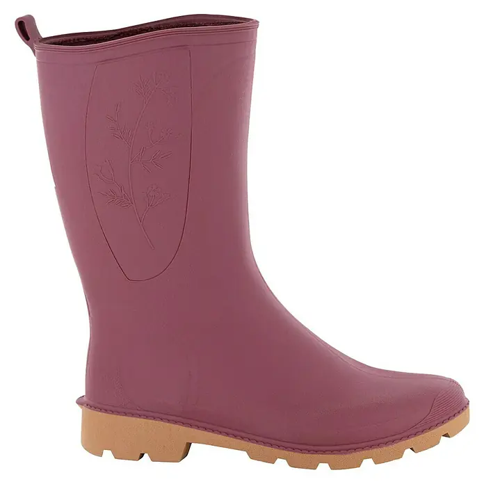 Black Fox Gartenstiefel - Schuhgröße: 39, Himbeere - Lila Gummistiefel mit floralem Muster und hellbrauner Sohle, ideal für regnerische Tage. Praktisch und stilvoll!