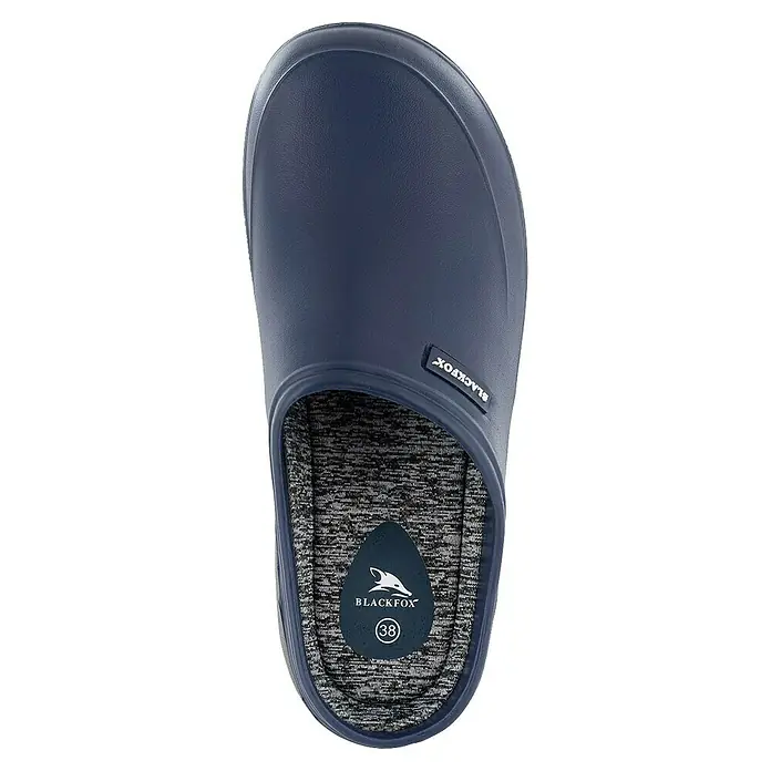 Black Fox Gartenclogs Mellow - Schuhgröße: 44, Blau - Ein marineblauer Blackfox Clog mit grauem Futter und Markenemblem, der Komfort und Stil vereint.