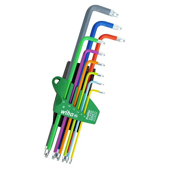 Wiha Stiftschlüsselsatz Torx - 10 -tlg. - Ein Satz farbiger Wiha ProStar Torx-Schlüssel mit Kugelkopf, ordentlich in einem grünen Halter angeordnet. Für professionelle Werkstattarbeiten konzipiert.