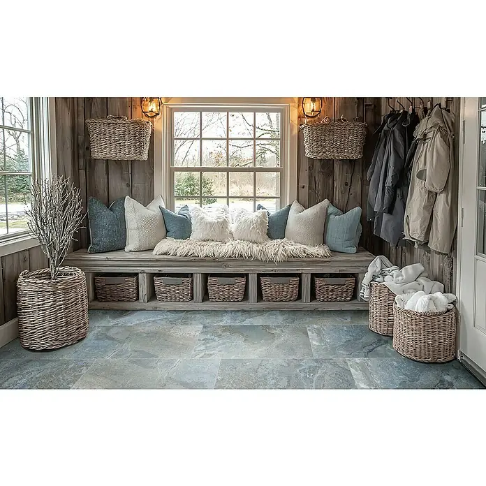 Feinsteinzeugfliese Tivoli Stone - 29,7 x 59,7 cm, Blau, Glänzend - Gemütliche Sitzecke mit rustikalem Charme. Der Fokus liegt auf der Fensterbank mit Körben und weichen Kissen, die zum Verweilen einlädt.