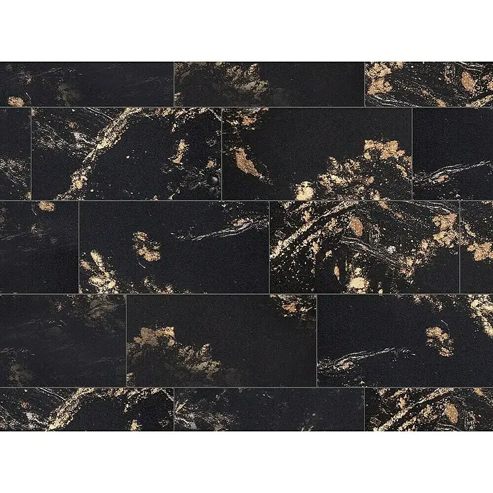 Opiart Feinsteinzeugfliese Oro - 29,7 x 59,7 cm, Schwarz/Gold, Glänzend - Schwarze Steinzeugfliese mit goldenen Akzenten, ideal für elegante Innenräume. Robust und stilvoll für moderne Boden- und Wandgestaltungen.