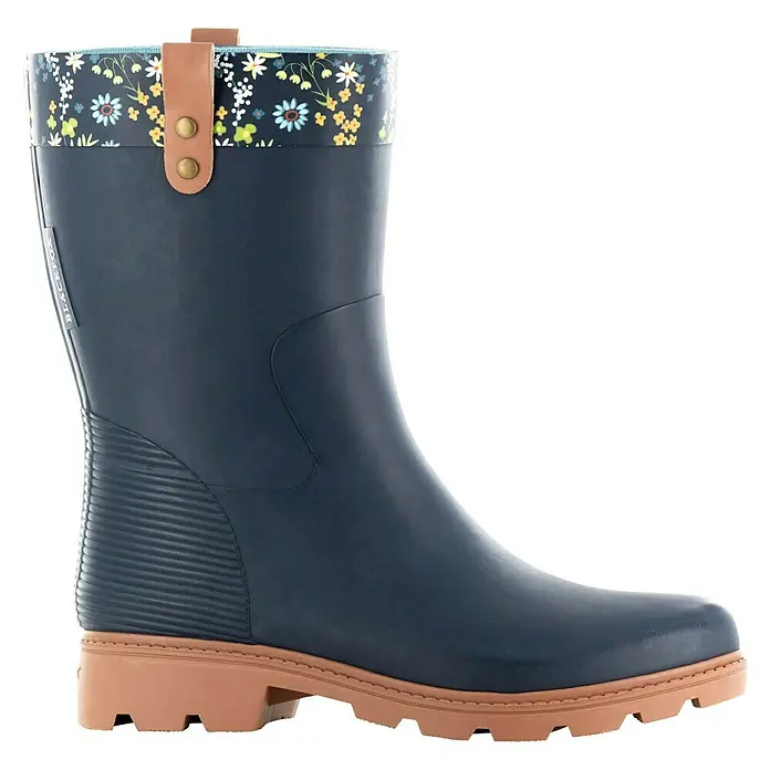 Black Fox Gartenstiefel Adelia - Schuhgröße: 40 - Marineblaue Blackfox Gummistiefel mit brauner Sohle und Blumenmuster am oberen Rand, ideal für Gartenarbeit und Outdoor-Aktivitäten.