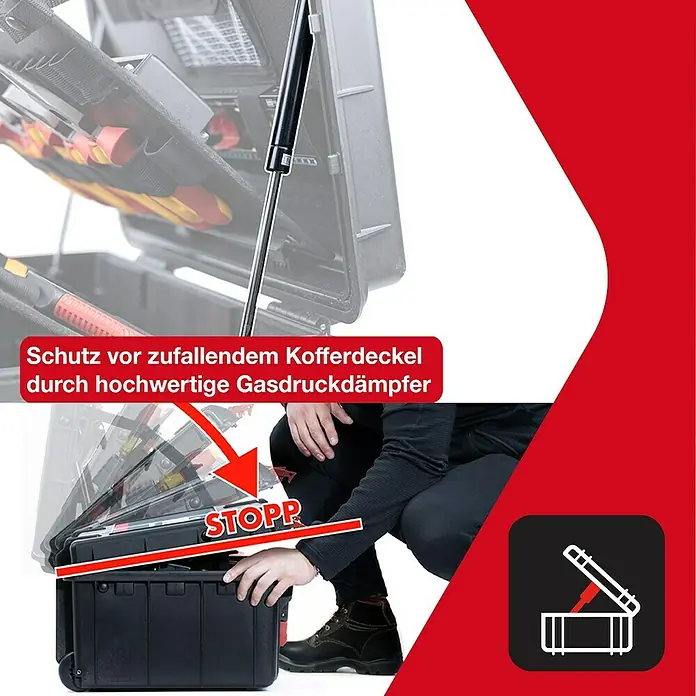 Wiha Werkzeugkoffer XL 2 VDE - 41 -tlg. - Der hochwertige Gasdruckdämpfer schützt vor zufallendem Kofferdeckel und sorgt für sicheren Halt.