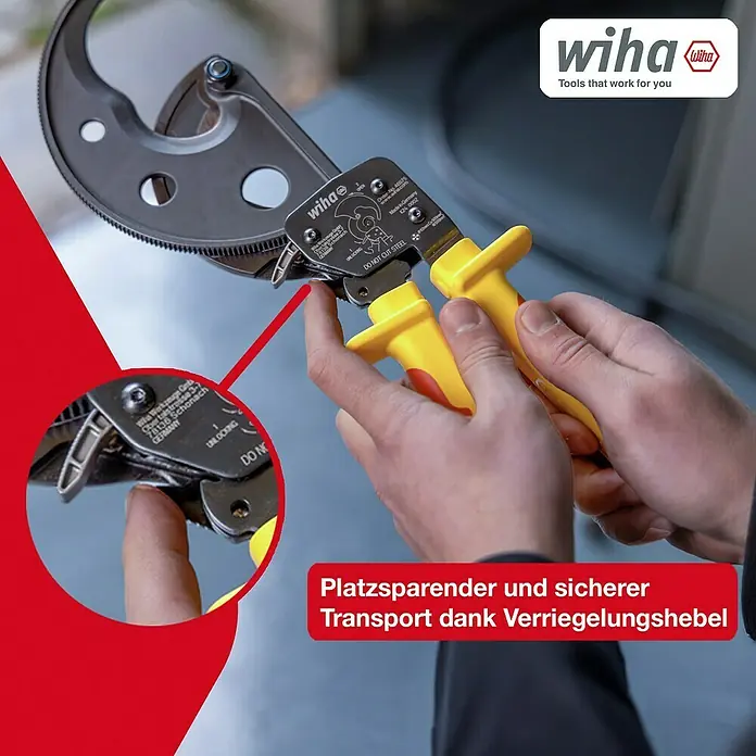 Wiha Ratschenkabelschneider VDE 300 MM² - Länge: 27,5 cm - Wiha Kabelschneider mit gelbem Griff und Verriegelungshebel für platzsparenden und sicheren Transport. Werkzeug für Profis.