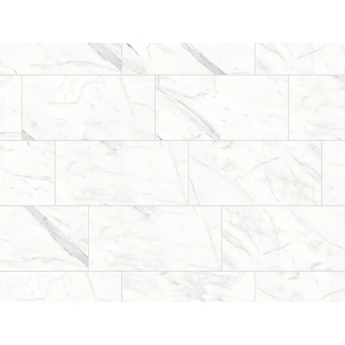 Opiart Feinsteinzeugfliese Blanco - 29,7 x 59,7 cm, Weiß, Glänzend - Nahaufnahme von weißen Marmorfliesen, die ein elegantes Muster mit subtilen grauen Maserungen und klaren Fugenlinien bilden. Ideal für moderne Innenräume.