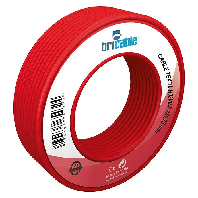 Bricable Cable textil Deco - H03VV-F, Rojo, 5 m - Rollo de cable textil rojo Bricable H03VV-F 2x0,75 mm² con etiqueta y código de barras.