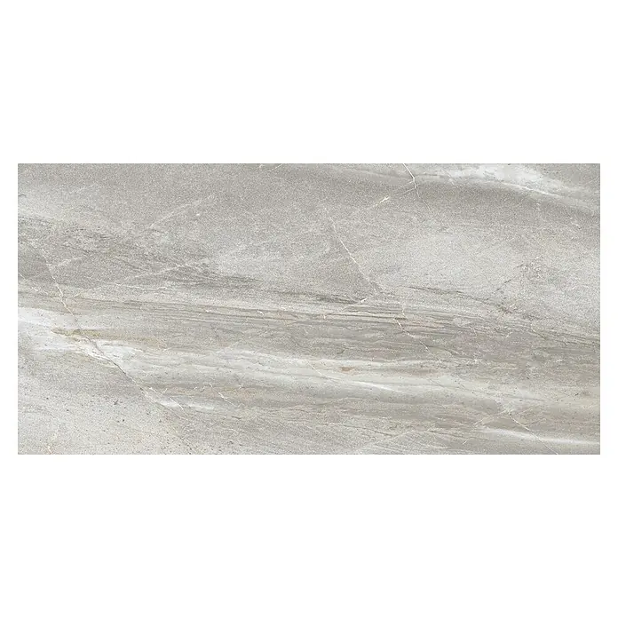 Opiart Feinsteinzeugfliese Gris - 29,7 x 59,7 cm, Hellgrau, Glänzend - Nahaufnahme einer Bodenfliese mit einem einzigartigen grauen Marmormuster, das Eleganz und einen Hauch von Luxus in jeden Raum bringt.