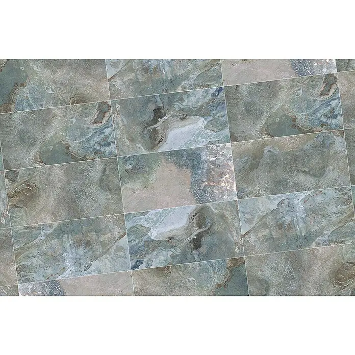 Feinsteinzeugfliese Tivoli Stone - 29,7 x 59,7 cm, Blau, Glänzend - Nahaufnahme von keramischen Bodenfliesen mit natürlicher Steinoptik in verschiedenen Grautönen, ideal für moderne Innenräume.