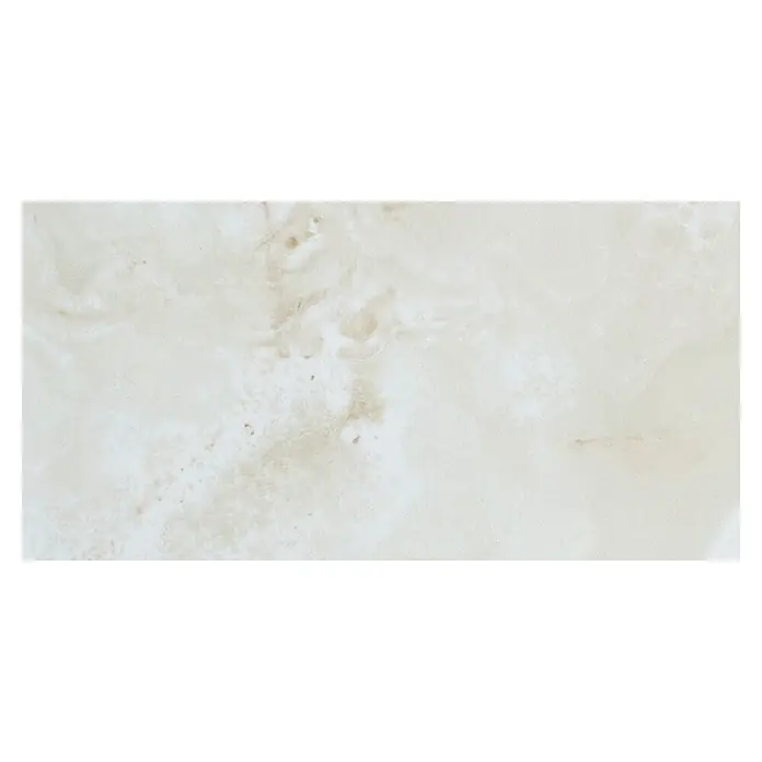 Opiart Feinsteinzeugfliese Crema - 29,7 x 59,7 cm, Beige, Glänzend - Nahaufnahme von poliertem Calacatta Onyx, der seine einzigartigen Muster und Texturen hervorhebt, ideal für luxuriöse Innenräume.