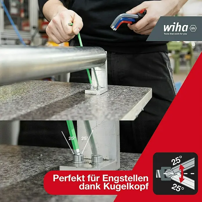 Wiha Stiftschlüsselsatz 6-Kant Kugelkopf - 10 -tlg. - Wiha Werkzeuge im Einsatz: Ein Mann verwendet einen grünen Innensechskantschlüssel mit Kugelkopf, um eine Vorrichtung einzustellen.