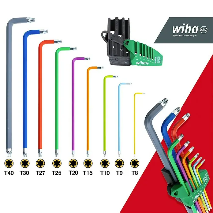 Wiha Stiftschlüsselsatz Torx - 10 -tlg. - Ein Satz von Wiha-Torx-Schlüsseln in verschiedenen Farben und Größen, ideal für Profis und Heimwerker.
