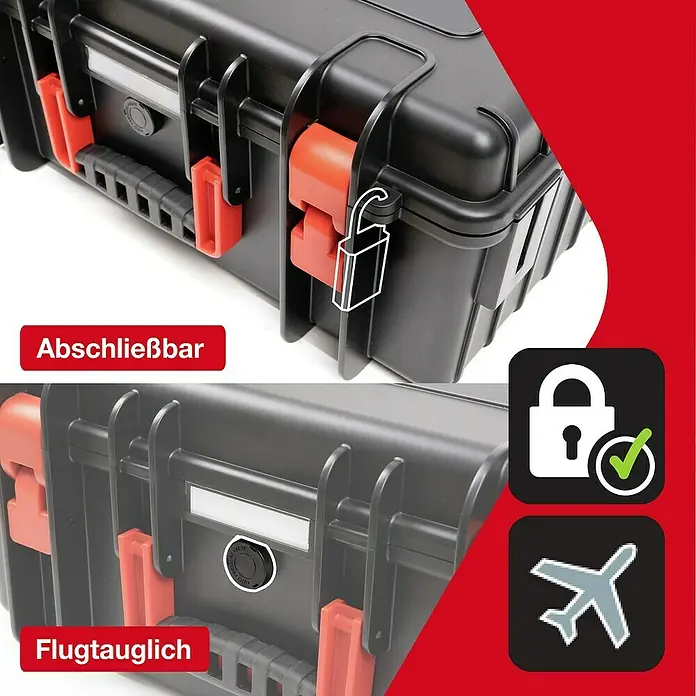 Wiha Werkzeugkoffer XL 2 VDE - 41 -tlg. - Bild eines robusten, abschließbaren schwarzen Koffers mit roten Akzenten und Symbolen für Flugtauglichkeit.