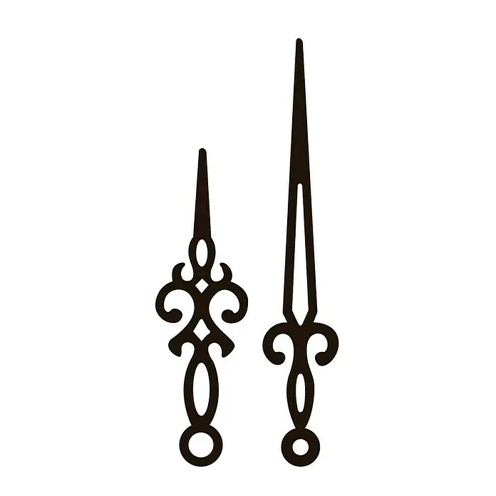 Agujas de repuesto Retro - Negro, 2 ud. - Vista detallada de dos manecillas de reloj negras decorativas de diferentes longitudes y diseños artísticos sobre un fondo neutro.