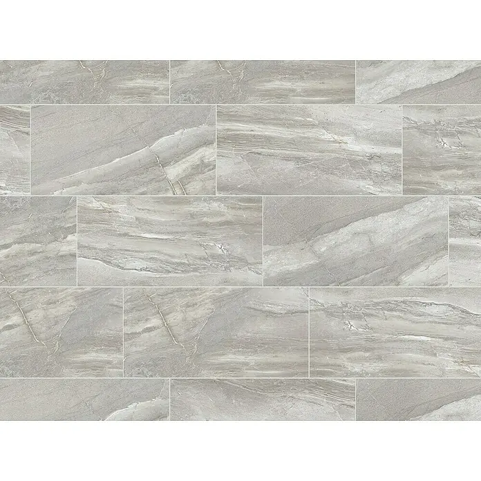 Opiart Feinsteinzeugfliese Gris - 29,7 x 59,7 cm, Hellgrau, Glänzend - Detailaufnahme von grauen Marmorfliesen mit natürlichen Texturen, die eine elegante und moderne Boden- oder Wandgestaltung ermöglichen.
