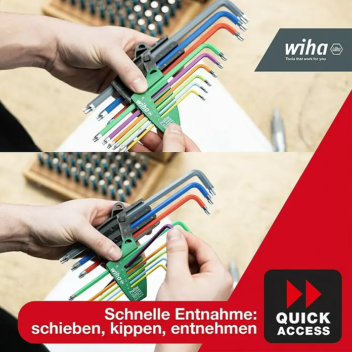 Wiha Stiftschlüsselsatz Torx - 10 -tlg. - Nahaufnahme eines Wiha Innensechskantschlüssel-Sets in einer Halterung, das für schnelles und einfaches Entnehmen der Werkzeuge ausgelegt ist.