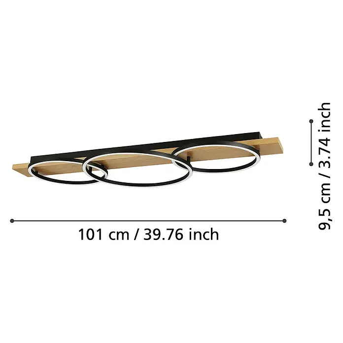 Eglo Boyal Deckenleuchte - 36 W, L x B x H: 101 x 40 x 9,5 cm, Schwarz/Eichefarben - Nahaufnahme einer modernen Deckenleuchte mit drei Kreisen, Holzsockel und Maßangaben.