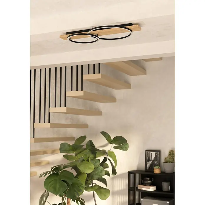 Eglo Boyal Deckenleuchte - L x B x H: 78 x 40 x 9 cm, Braun - Moderne Deckenleuchte mit zwei Ringen und Holzsockel. Das Design passt perfekt in ein modernes Interieur.