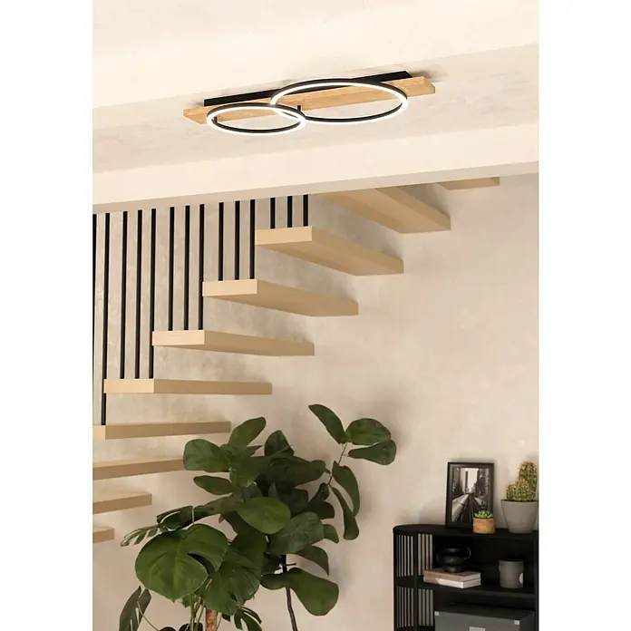 Eglo Boyal Deckenleuchte - L x B x H: 78 x 40 x 9 cm, Braun - Moderne Deckenleuchte mit zwei ineinandergreifenden Ringen und einem Holzsockel, die ein stilvolles und modernes Ambiente schafft.