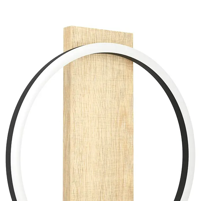 Eglo Boyal Tischleuchte - 12 W, L x B x H: 30 x 15 x 42,5 cm, Schwarz/Braun - Nahaufnahme eines Holzpfostens umgeben von einem modernen weißen Ring, der das natürliche Material und das schlanke Design hervorhebt.
