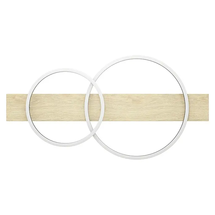 Eglo Boyal Deckenleuchte - L x B x H: 78 x 40 x 9 cm, Braun - Das Bild zeigt eine stilvolle, moderne Wanddekoration mit zwei überlappenden Kreisen und einem hölzernen Hintergrund, ideal für moderne Innenräume.