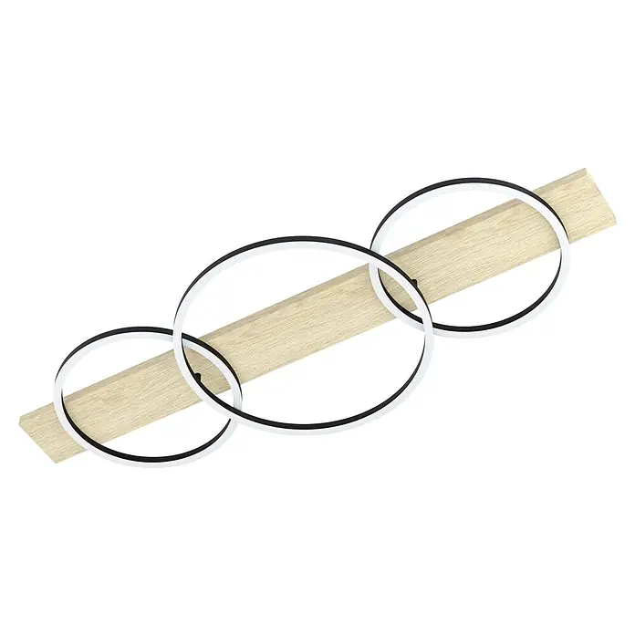 Eglo Boyal Deckenleuchte - 36 W, L x B x H: 101 x 40 x 9,5 cm, Schwarz/Eichefarben - Moderne Deckenleuchte mit Holz-Element und drei LED-Ringen für stilvolle Beleuchtung.