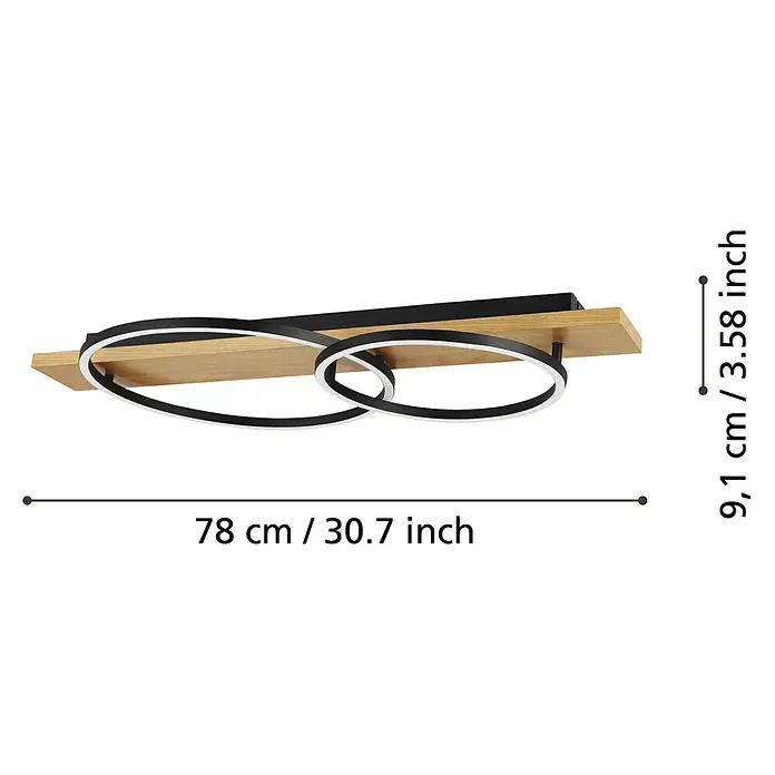 Eglo Boyal Deckenleuchte - L x B x H: 78 x 40 x 9 cm, Braun - Deckenleuchte mit zwei Ringen in Schwarz/Weiß auf Holzbrett mit Maßangaben.