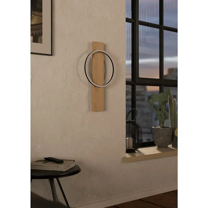 Eglo Boyal Wandleuchte - 36 W, L x B x H: 30 x 7,5 x 56 cm, Schwarz/Eichefarben - An der Wand befestigte, moderne Wandleuchte mit einem runden Lampenschirm und einem Holzsockel. Die Leuchte sorgt für indirekte Beleuchtung.
