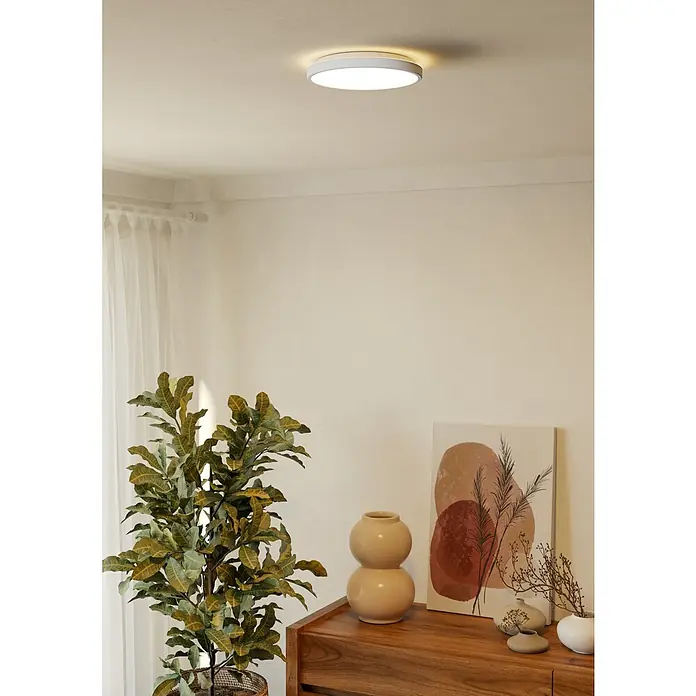 Eglo LED-Deckenleuchte rund Testara-E - 10 W, Ø x H: 21,1 x 3 cm, Weiß, Warmweiß - Deckenleuchte in einem minimalistischen Raum mit Pflanze und Dekoration. Helle, runde Deckenleuchte für moderne Innenräume.