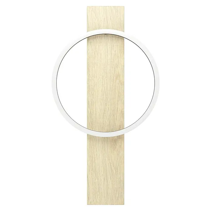 Eglo Boyal Wandleuchte - 36 W, L x B x H: 30 x 7,5 x 56 cm, Schwarz/Eichefarben - Nahaufnahme eines Holzelements mit einem modernen, weißen Ring, der das natürliche Holzdesign hervorhebt.