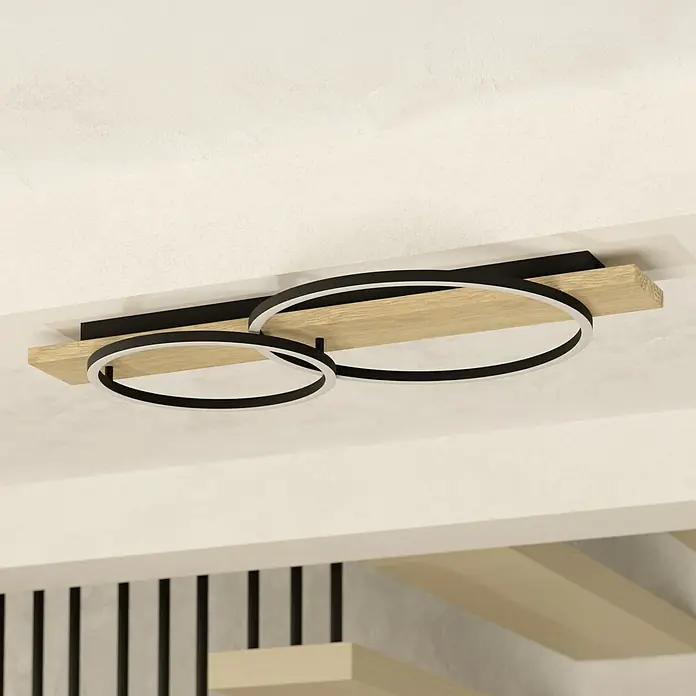 Eglo Boyal Deckenleuchte - L x B x H: 78 x 40 x 9 cm, Braun - Moderne Deckenleuchte mit zwei schwarzen Ringen und Holzdetails, ideal für stilvolle Innenräume.