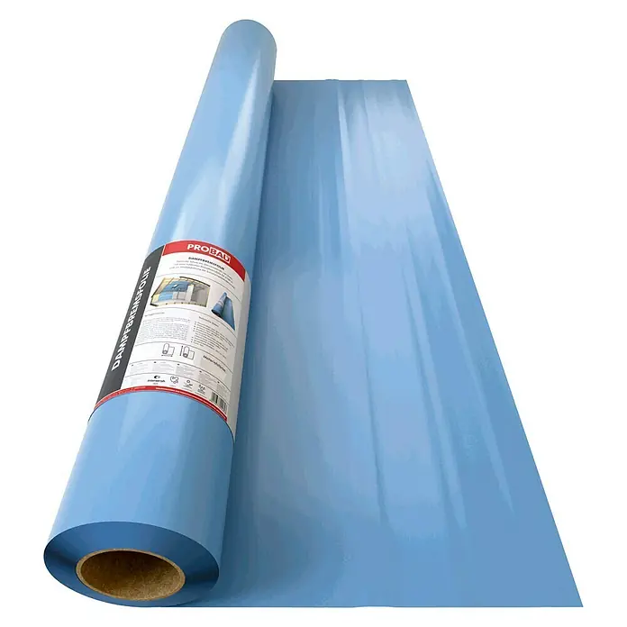 Probau Dampfbremsfolie - Max. Anwendungsfläche: 50 m², Polyethylen, Dauerhaft diffusionshemmend, Stärke: 0,125 mm - Eine Rolle hellblauer ProBau Dampfbremsfolie für den Innenausbau zur Reduzierung von Feuchtigkeit.
