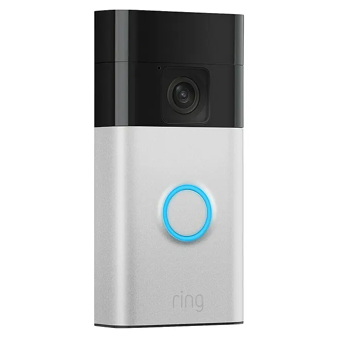 Ring Türklingel mit Kamera Battery Video Doorbell - Nickel, 2.560 x 1.440 Pixel, 2,3 x 6,19 x 12,65 cm - Nahaufnahme einer Ring-Videotürklingel mit Kamera und blauer Taste, die Sicherheit und Komfort vereint.