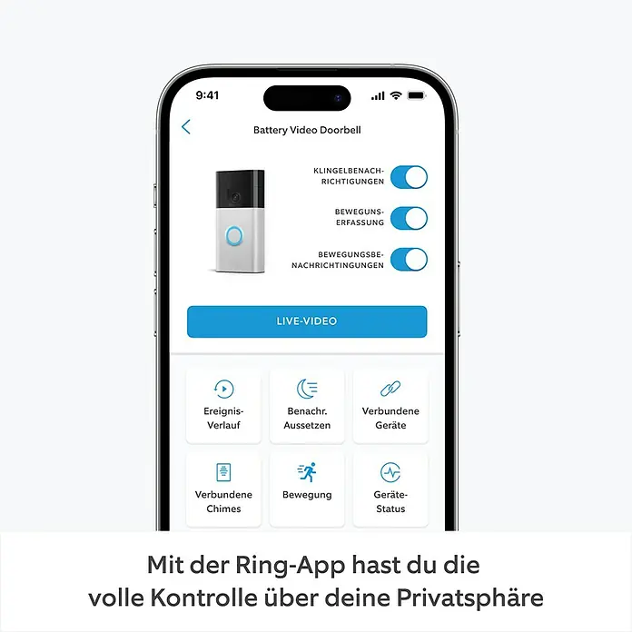 Ring Set Türklingel mit Kamera Video Doorbell Akku + Chime Akku (2nd Gen) - Nickel, 2.560 x 1.440 Pixel, 2,3 x 6,19 x 12,65 cm - Ein Smartphone-Screenshot zeigt die Einstellungen einer Ring Battery Video Doorbell, inklusive Benachrichtigungsoptionen und Live-Video-Funktion.