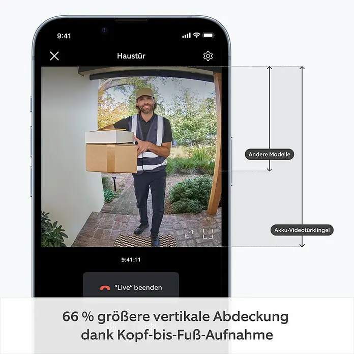 Ring Set Türklingel mit Kamera Video Doorbell Akku + Chime Akku (2nd Gen) - Nickel, 2.560 x 1.440 Pixel, 2,3 x 6,19 x 12,65 cm - Ein Smartphone-Bildschirm zeigt eine Video-Türklingelaufnahme eines Paketboten, der Pakete liefert, mit dem Hinweis auf eine 66 % größere vertikale Abdeckung.