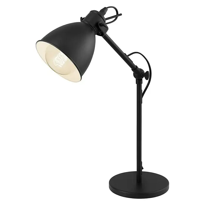 Eglo Priddy Tischleuchte Priddy - 60 W, L x B x H: 15,5 x 15,5 x 42,5 cm, Schwarz, Weiß, E27 - Schwarze Schreibtischlampe mit verstellbarem Arm und Lampenschirm mit weißer Innenseite.