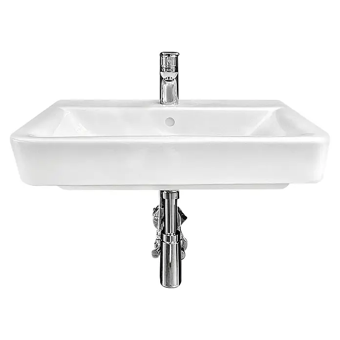 RAK Ceramics Waschtisch-Set Milo - 60 x 46 cm, Hahnloch: Mitte, Mit Überlauf, Set aus Waschtisch, Ablauf, Armatur, Designsiphon und Eckventilen - Nahaufnahme eines modernen weißen Waschbeckens mit Chromarmatur und Abflussrohr. Elegantes Design für jedes Badezimmer.
