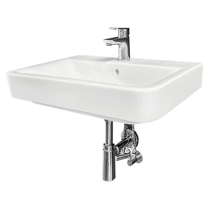 RAK Ceramics Waschtisch-Set Milo - 60 x 46 cm, Hahnloch: Mitte, Mit Überlauf, Set aus Waschtisch, Ablauf, Armatur, Designsiphon und Eckventilen - Ein stilvolles Waschbecken mit Armatur. Das Waschbecken ist aus weißer Keramik und die Armatur ist aus Chrom gefertigt.
