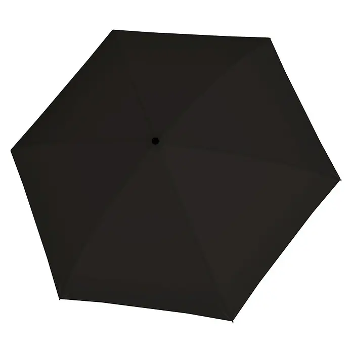 Doppler Taschenschirm Zero Magic - Simply Black, Durchmesser Bespannung: 97 cm, Länge: 26 mm - Ansicht von oben eines geschlossenen schwarzen Regenschirms, ideal für Regentage und zum Schutz vor der Sonne.