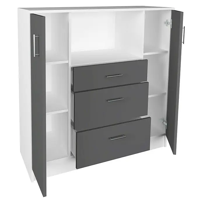 VCM Esilo Schrank - L x B x H: 40 x 109 x 110 cm, Anthrazit - Modernes weißes Sideboard mit grauen Schubladen und offenen Regalen. Das Möbelstück bietet viel Stauraum und eine stilvolle Optik.