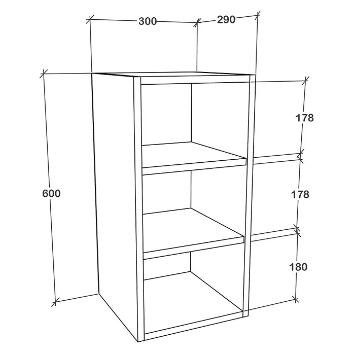 VCM Esilo Wandregal - L x B x H: 31 x 30 x 60 cm, Weiß - Abbildung eines Regals mit drei Fächern und Bemaßungen für Bau- oder Planungszwecke.
