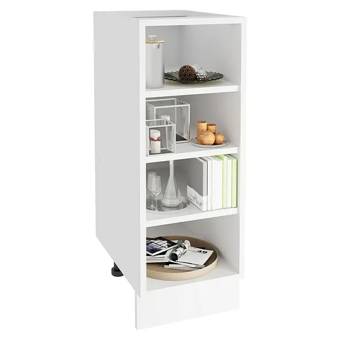 VCM Esilo Standregal - L x B x H: 46 x 30 x 82 cm, Weiß - Ein schmaler, weißer Regalschrank mit vier Fächern, in denen dekorative Gegenstände und Bücher ordentlich präsentiert werden.