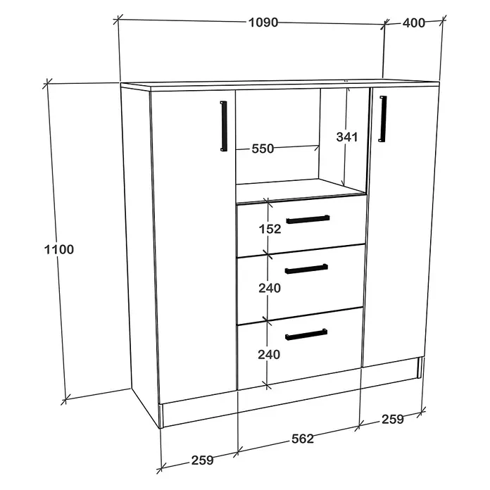 VCM Esilo Schrank - L x B x H: 40 x 109 x 110 cm, Anthrazit - Abbildung eines Schranks mit Schubladen und Maßen. Das Möbelstück ist detailliert mit seinen Abmessungen dargestellt.