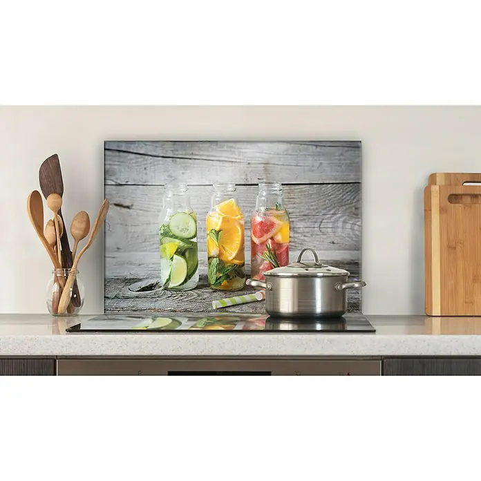 CUCINE Küchenrückwand - Fruity Lemonade, 60 x 40 cm, Stärke: 6 mm, Einscheibensicherheitsglas (ESG) - Küchenrückwand mit erfrischenden Getränken und Kochutensilien für eine stilvolle Küchengestaltung. Praktisch und dekorativ.