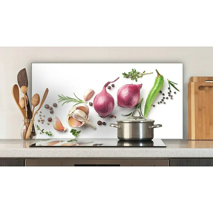 CUCINE Küchenrückwand - Garlic & Onion, 80 x 40 cm, Stärke: 6 mm, Einscheibensicherheitsglas (ESG) - Herdabdeckung mit einem Motiv aus Zwiebeln, Knoblauch, Kräutern und Pfeffer. Praktisch und dekorativ für jede Küche.