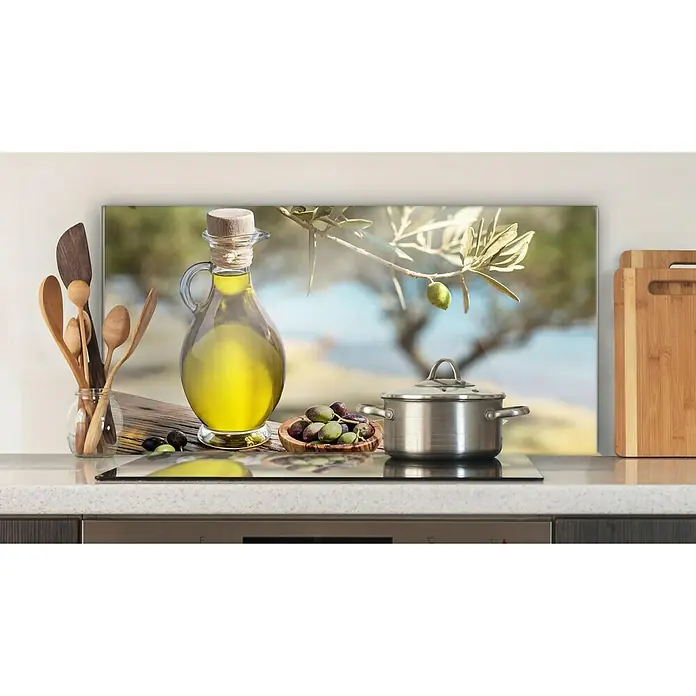 CUCINE Küchenrückwand - Toskana, 80 x 40 cm, Stärke: 6 mm, Einscheibensicherheitsglas (ESG) - Küchenrückwand mit Olivenmotiv: Ein dekoratives Küchenelement, das eine frische, mediterrane Atmosphäre in Ihre Küche bringt.