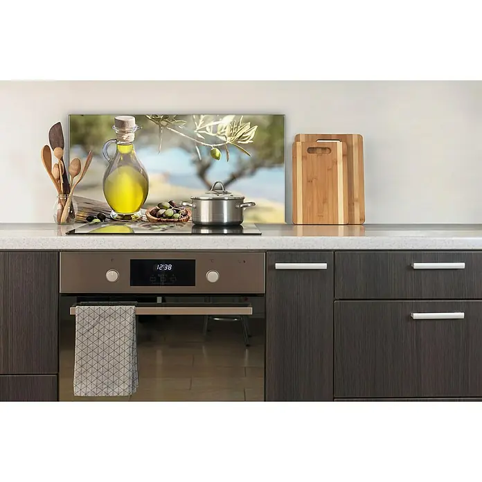 CUCINE Küchenrückwand - Toskana, 80 x 40 cm, Stärke: 6 mm, Einscheibensicherheitsglas (ESG) - Küchenrückwand mit Olivenöl-Motiv über Herd und Spüle. Das perfekte Accessoire für jede Küche.
