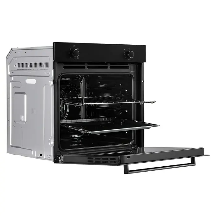 Respekta Einbaubackofen Janis - Anzahl Beheizungsarten: 7 Stk., Volumen Backofen: 72 l - Einbau-Backofen mit geöffneter Tür, der das Innere mit Rost und Blech zeigt. Das Gehäuse ist teilweise zu sehen.