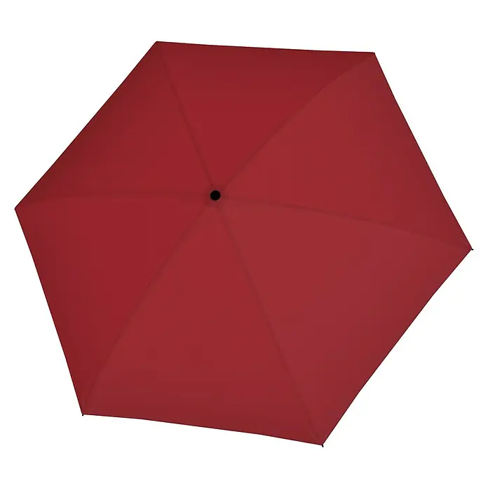Doppler Taschenschirm Zero Magic - Fiery Red, Durchmesser Bespannung: 97 cm, Länge: 26 cm - Draufsicht eines eleganten, roten Regenschirms, der Schutz vor Regen und Sonne bietet.
